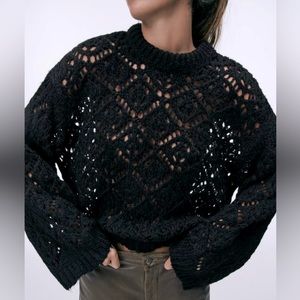 NWT Zara diamond pointelle knit sweater in black. Size S.